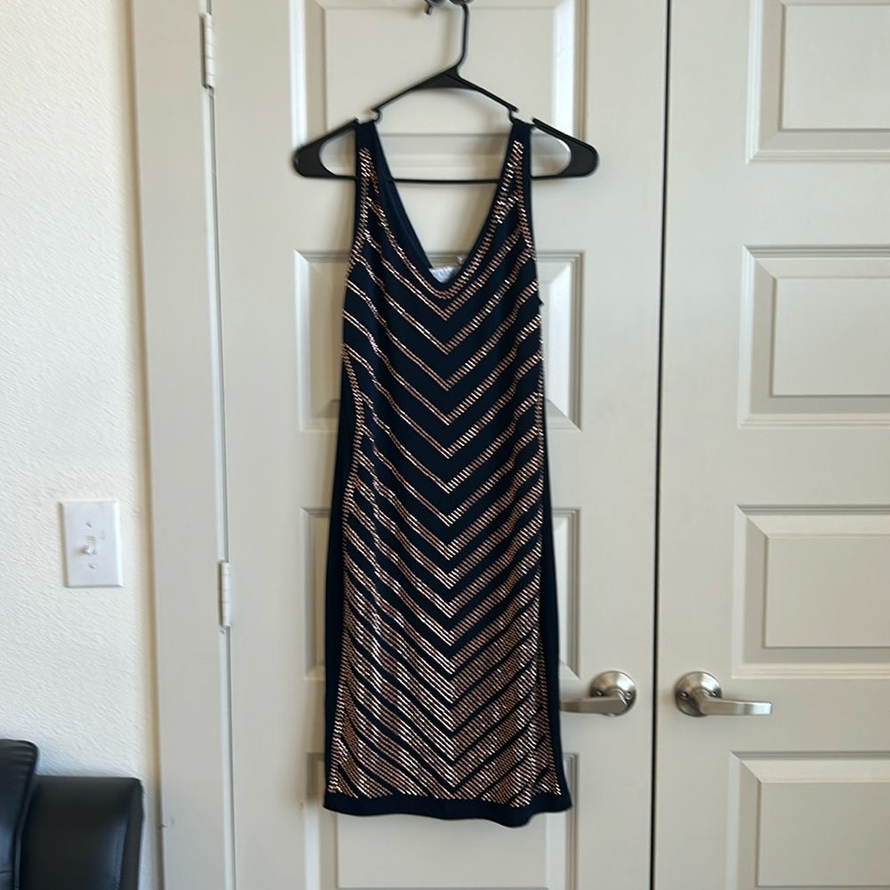 Carmen Marc Valvo Black and Gold Sequin Dress